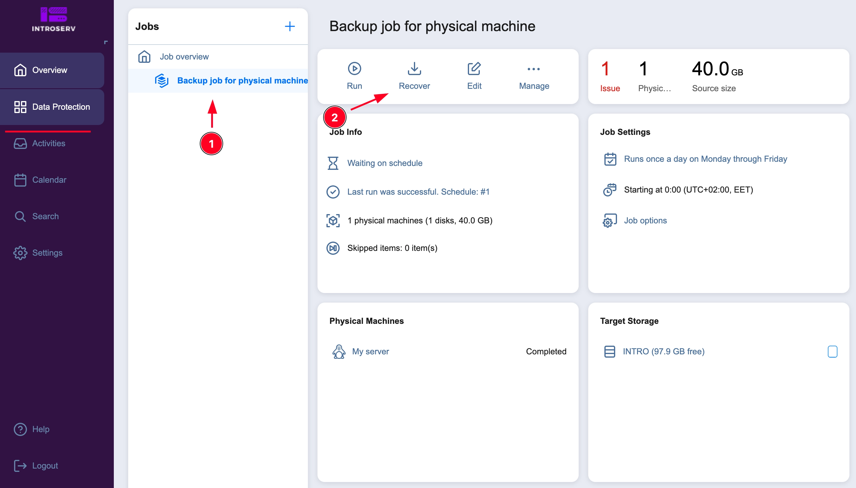 Copia de seguridad del servidor mediante el servicio INTROSERV Backup